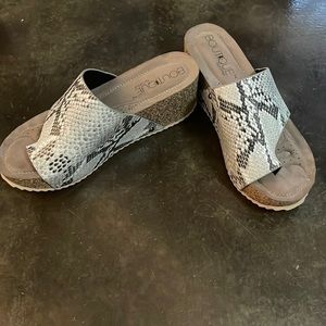 Corkys wedge snake print slip on sandals, size 9
